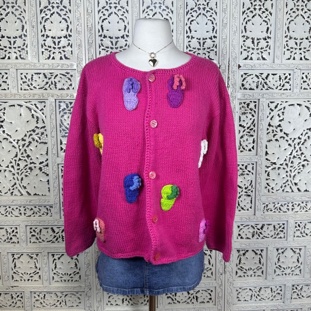 Vtg Rey Wear Pink Flip Flop‎ Chunky Knit Grannycore Cottage Button Up Cardigan